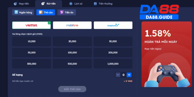 Các hình thức rút tiền tại DA88